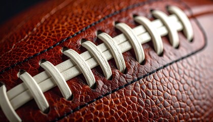 Intricate close-up perspective of a classic brown athletic ball, showcasing its distinctive pebbled leather texture and the crisp white laces, evoking the spirit of competitive play and team sports