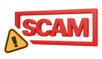 A red scam sign with a red border and a yellow warning sign with a black exclamation point