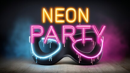 Neon party is the title of the image. A pair of glowing, neon-colored glasses with the word "party" written in neon letters. The glasses are surrounded by a colorful, glowing background