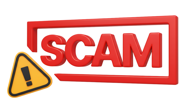 A red scam sign with a red border and a yellow warning sign with a black exclamation point