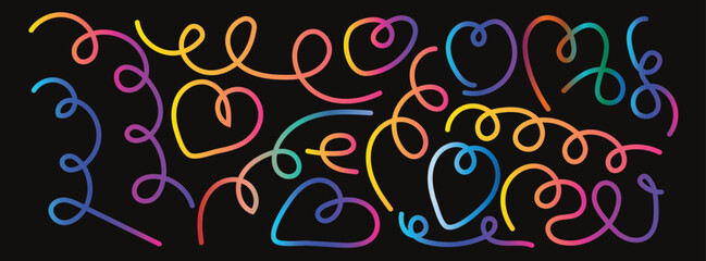 Vibrant gradient doodle lines forming hearts and playful swirls