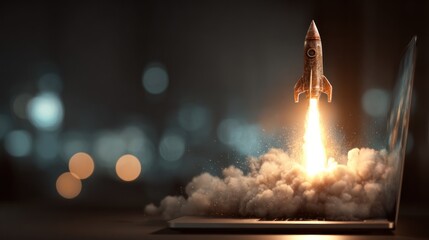 Rocketship launching from a laptop, representing a business or project taking off