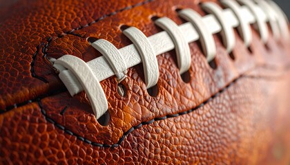 Detailed close-up of a classic brown American football, highlighting the white stitching and the rich, textured leather surface, representing the timeless spirit of the game
