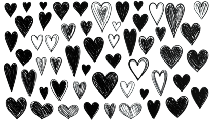 Collection of hand-drawn, scribbled hearts in various sizes and shading against black