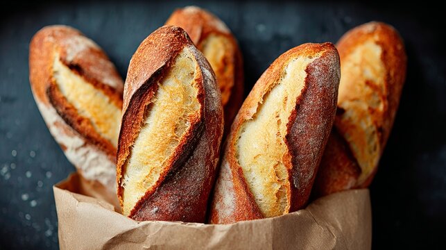 Bag of bread with a few slices missing. The bread is brown and has a crust. The bag is brown and has a hole in it