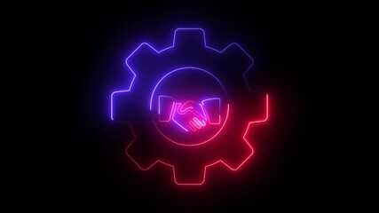 A futuristic neon animation of a handshake emblem spinning within a gear, representing corporate collaboration, agreement, and strategic business connections.
