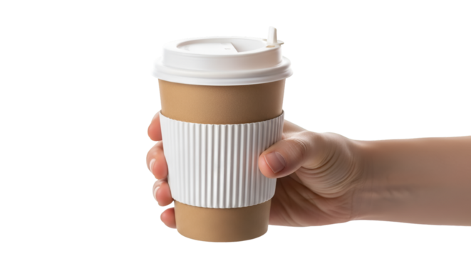 Hand Holding Disposable Coffee Cup with Sleeve Keywords: hand, holding, coffee cup, disposable - Powered by Adobe