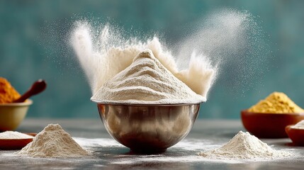 Bowl of flour is surrounded by other bowls of different ingredients. The flour is in a silver bowl and is being poured out, creating a cloud of white powder