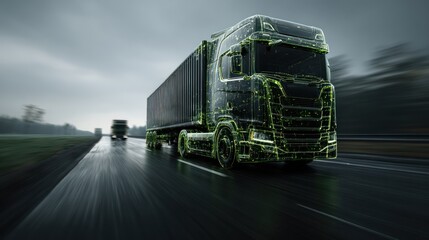 Futuristic semi-truck driving on a wet highway with digital lines outlining its structure