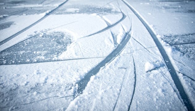 Abstract close-up of icy surface with parallel tracks and patterns suggesting winter sports or movement on frozen water