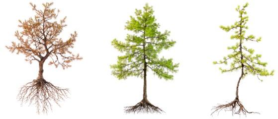 3 different growth state larch tree from top to roots isolated over white (transparent) background