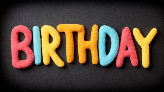 Birthday is written in colorful letters on a black background. The letters are made of different colors, giving the impression of a fun and festive celebration