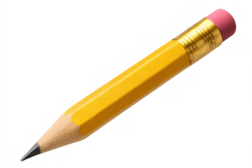 Yellow pencil with pink eraser and graphite tip for drawing, writing, and education, transparent background