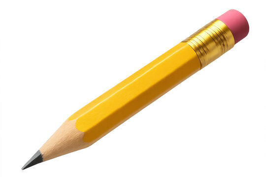 Yellow pencil with pink eraser and graphite tip for drawing, writing, and education, transparent background