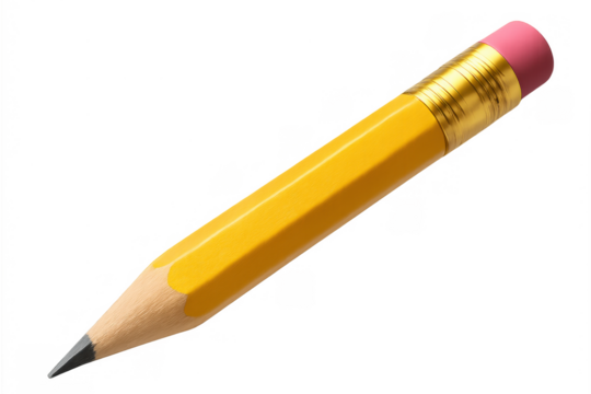 Yellow pencil with pink eraser and graphite tip for drawing, writing, and education, transparent background
