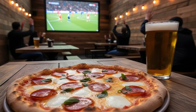 A delicious pepperoni pizza and a cold beer on a wooden table in a lively bar where friends cheer watching a football match on a big screen - Powered by Adobe