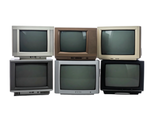 A stack of six assorted square-screen CRT televisions with varied colors and designs
