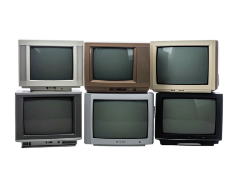 A stack of six assorted square-screen CRT televisions with varied colors and designs