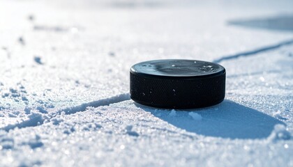 Close-up of a hockey puck resting on a snowy surface, with ice cracks visible in the foreground, set against a bright, natural light
