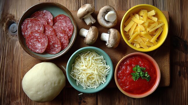 Wooden board with a variety of pizza toppings including cheese, mushrooms, and pepperoni. The toppings are arranged in bowls and the board is placed on a wooden table - Powered by Adobe