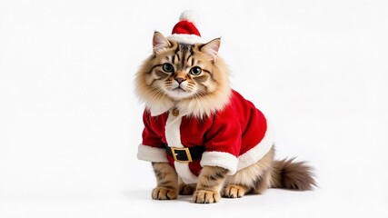 Hilarious Santa Persian Cat in Detailed Costume on White! Get festive with this funny feline friend. Perfect for holiday cheer, memes, or unique pet content.
