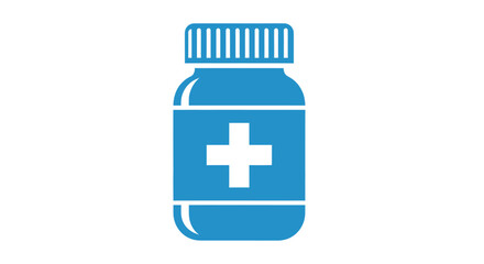 Blue Medicine Bottle with White Cross Symbol.