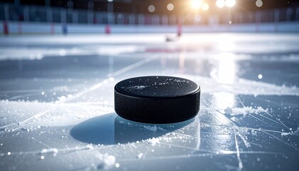 A crisp black hockey puck rests on the perfectly maintained ice of a vibrant arena, illuminated by brilliant overhead lights, creating a dramatic scene for intense winter sports action