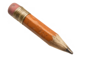 Short dull yellow pencil with a pink eraser and brass ferrule, showing wear and tear, isolated on a transparent background