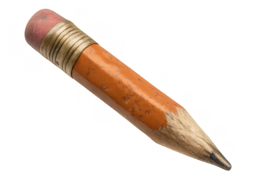 Short dull yellow pencil with a pink eraser and brass ferrule, showing wear and tear, isolated on a transparent background