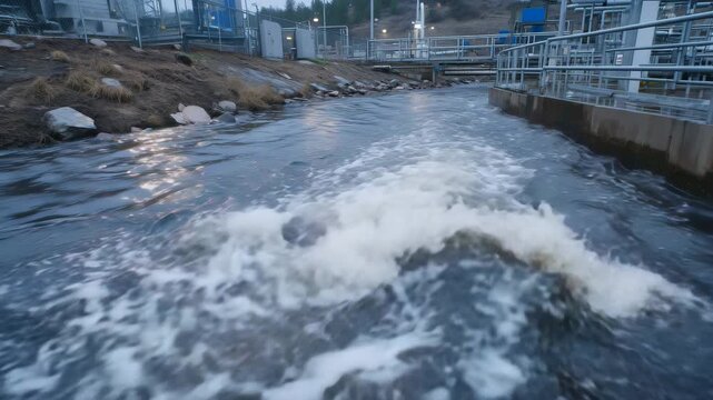 44Thick industrial effluent cascading into a river under gray skies, bubbles and dark sediments forming patterns of contamination