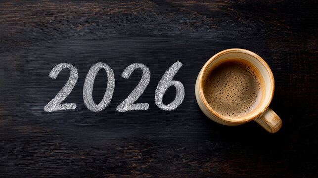 Coffee cup representing new beginnings in 2026 on black wooden surface