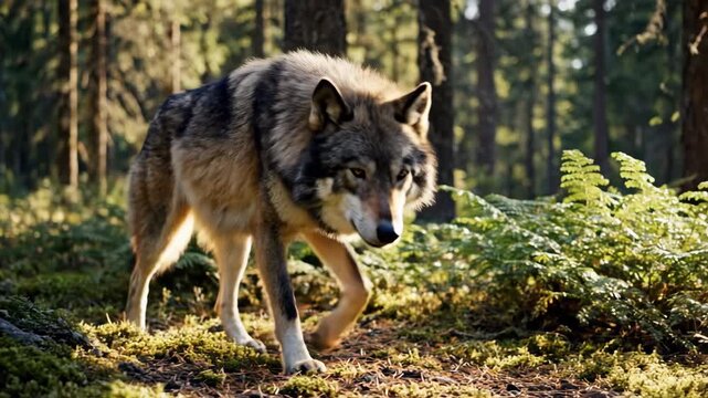 Majestic wolf walking through a sunlit forest with pine trees and green ferns