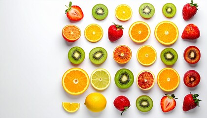 A vibrant flat lay showcasing a colorful assortment of fresh fruits, artfully arranged on a clean white background for a refreshing visual