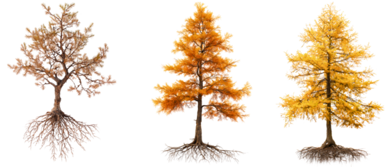 3 autumn color changing larch tree from top to roots isolated over white (transparent) background