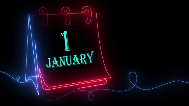 Futuristic Neon Calendar Showing January 1st with Vibrant Glowing Light for New Year Celebration Theme