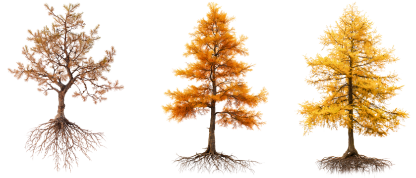 3 autumn color changing larch tree from top to roots isolated over white (transparent) background