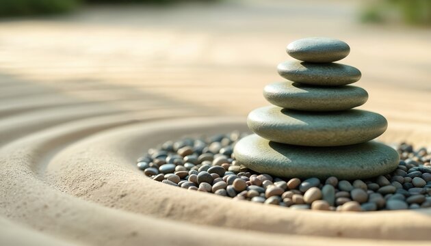 Zen stone stack on raked sand garden. Smooth gray rocks balanced with pebbles, creating calm atmosphere. Peaceful scene represents harmony and nature.