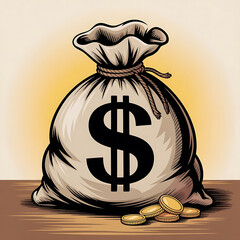 A bag full of money with a dollar sign on it on a wooden table