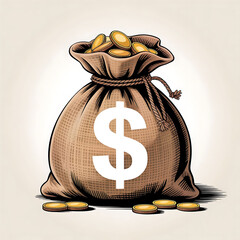 A bag full of money with a dollar sign on it on a wooden table