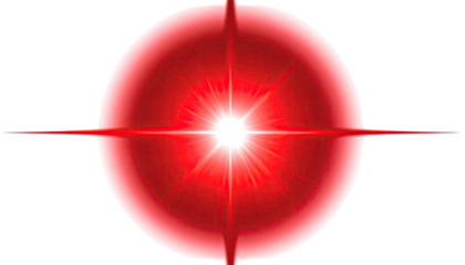 Glowing red orb with bright center and starburst effect on a solid black background