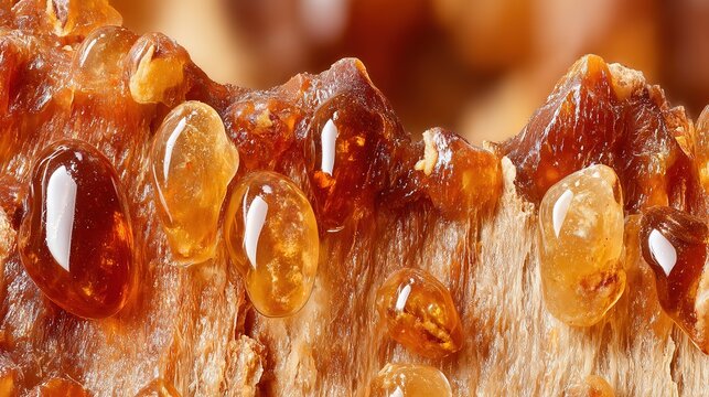 secretion. Close-up of frankincense tree bark with teardrop-shaped resin droplets glinting. gardening catalogs, home-decor guides, designed for gardening and botanical catalogs, used by clinicians.