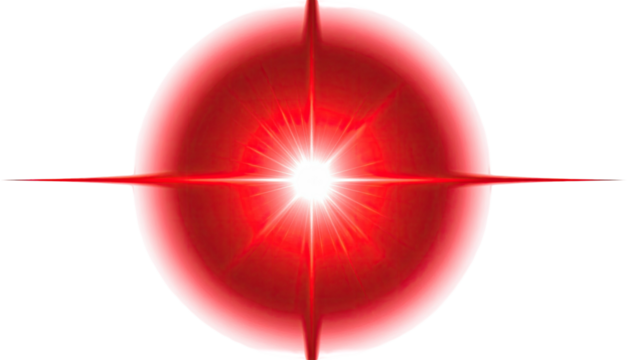 Glowing red orb with bright center and starburst effect on a solid black background