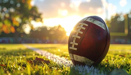 Close-up of an American football resting on the white chalk line of a green grass field during a beautiful sunset