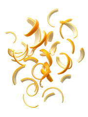 Orange zest curls floating isolated on a transparent background