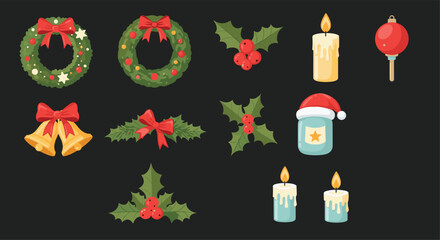 Collection of festive Christmas decorations including wreaths, holly, bells, and candles, illustrating holiday cheer and traditions.