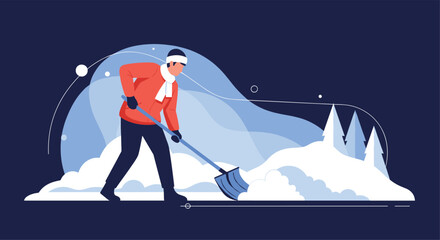 Man shoveling snow from a path in a wintry landscape with evergreen trees, depicting winter chores and cold weather activities.