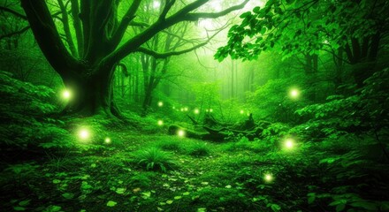 Enchanted Green Forest with Magical Glowing Lights and Misty Atmosphere