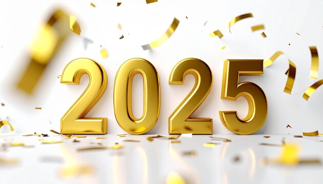 Golden 2025 Celebration with Falling Confetti and Ribbons, New Year's Eve Party Atmosphere