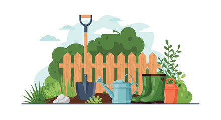 Garden tools including a shovel, watering can, and rubber boots in front of a wooden fence and lush greenery, symbolizing gardening and spring.