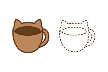 Cute cat mug dashed line icon. Cute cat-ear mug in full color plus dashed outline. Ideal for cafe branding, stickers, kids’ goods. Editable SVG/PNG, layered files.
